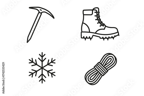 Mountaineering essentials: ice axe, boot, snowflake, climbing rope icons