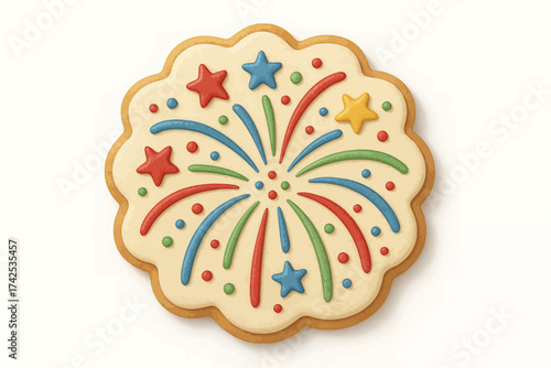 Colorful fireworks-decorated cookie with stars and sprinkles on white background