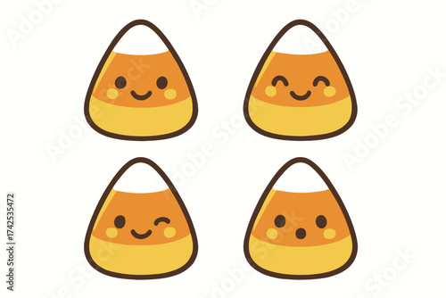 Cute cartoon candy corn characters with smiling faces and cheery expressions