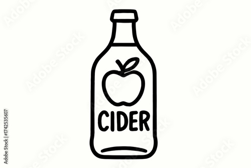 Black and white outline of apple cider bottle with apple symbol