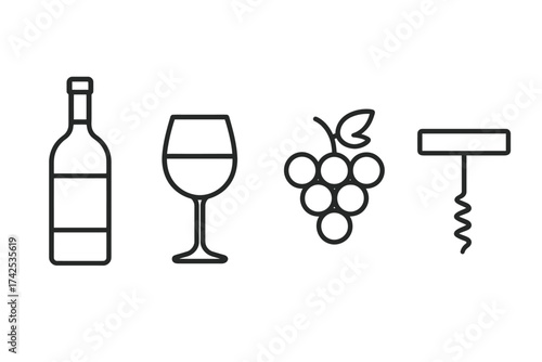 Simple line icons of wine bottle, glass, grapes, and corkscrew
