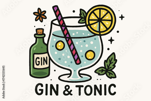 Vibrant gin and tonic drink with lemon slice and straw illustration