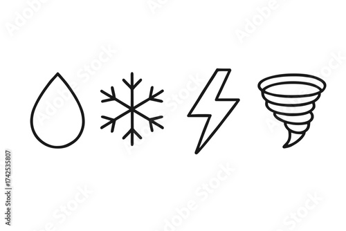 Minimalist weather icons: rain, snowflake, lightning, tornado symbol set