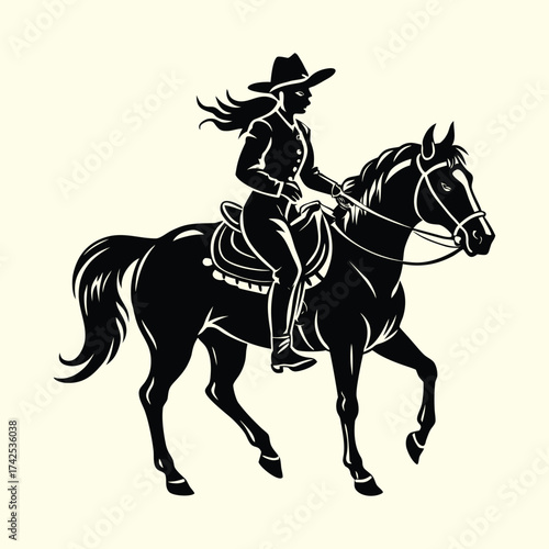 Cowgirl in Hat Riding a Horse, Western Vector Silhouette