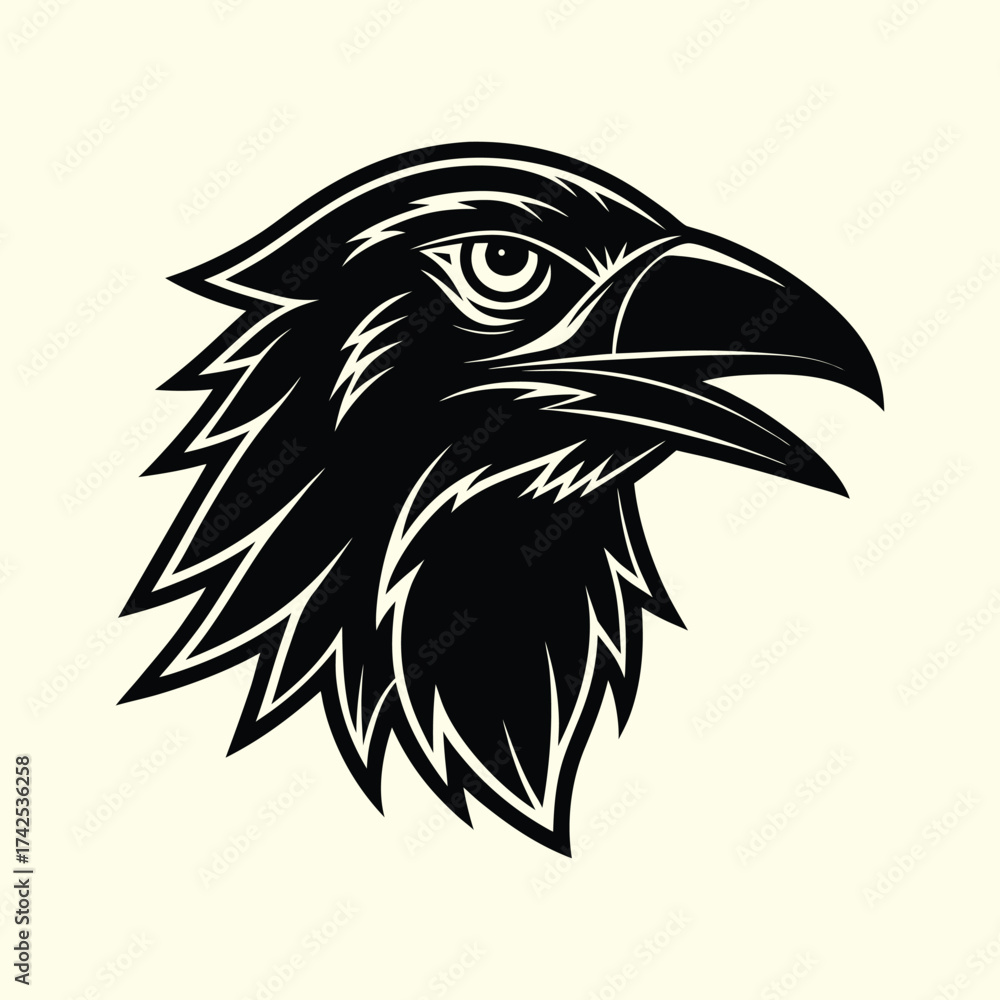 Fototapeta premium Black and white illustration of a raven s head with an open beak
