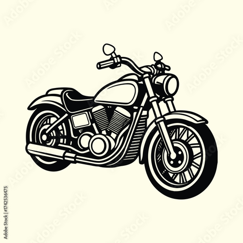 Detailed cruiser motorcycle illustration, vintage biker chopper graphic in monochrome vector style for a club emblem.