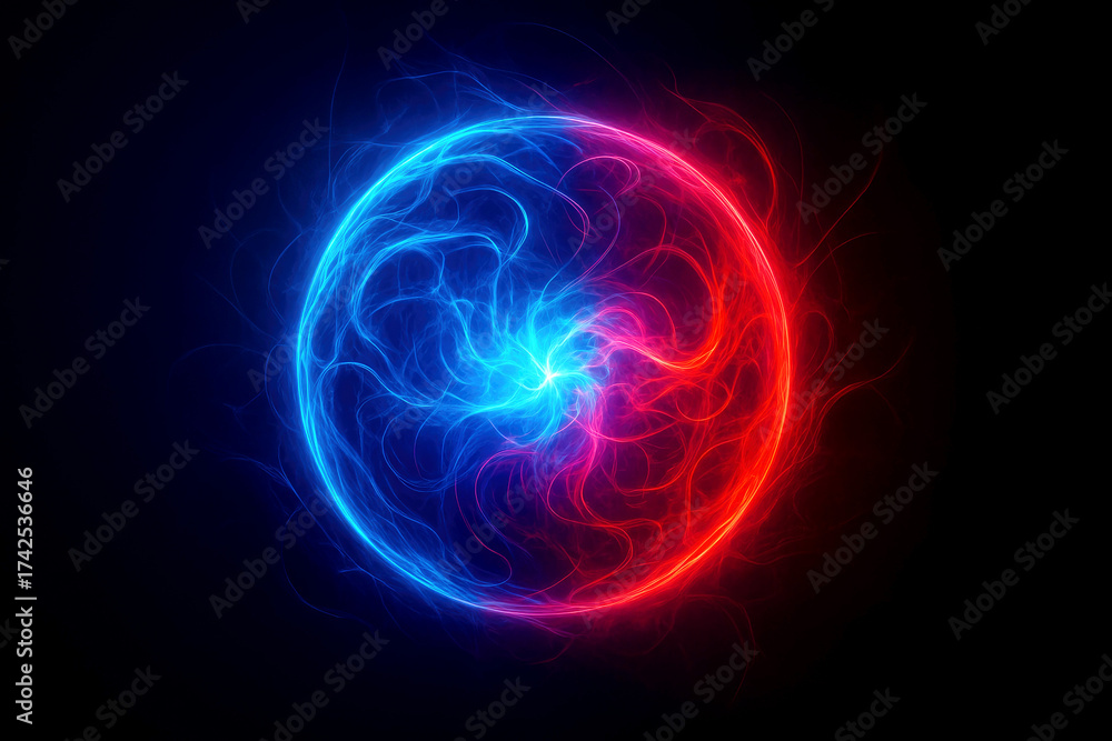 Fototapeta premium Energetic glowing sphere with swirling blue and red plasma against a black background ball energy