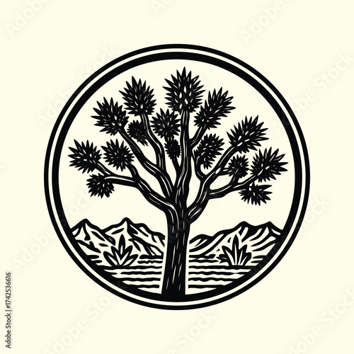 Joshua Tree and Desert Mountains in a Vintage Woodcut Style Logo