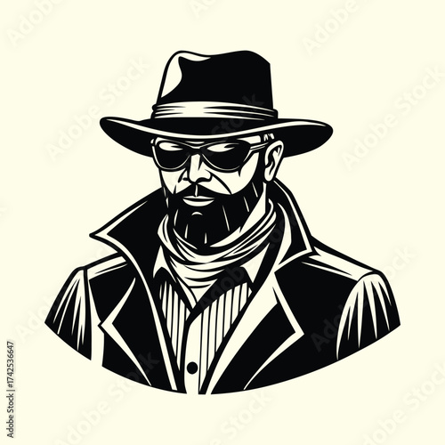 Vintage engraving of a mysterious man with a beard, fedora, and trench coat, noir spy illustration.