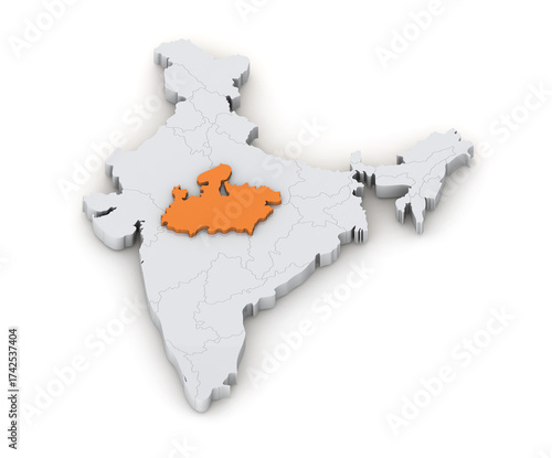 Madhya Pradesh state 3d map in India isolated on transparent background. Three-dimensional India's state map. India map 3d Illustration.