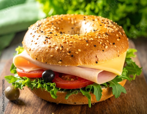 Fresh bagel sandwich with meat, cheese, and vegetables