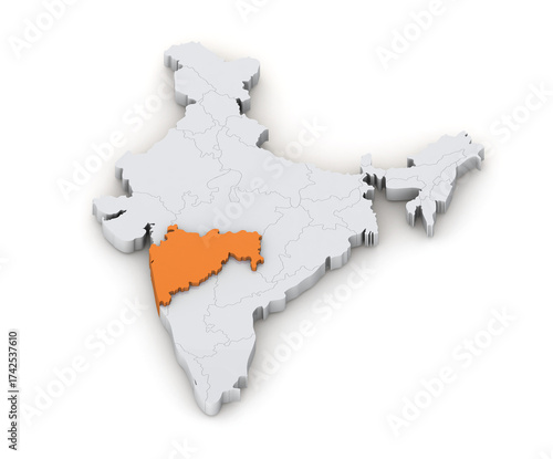 Maharashtra state 3d map in India isolated on transparent background. Three-dimensional India's state map. India map 3d Illustration.
