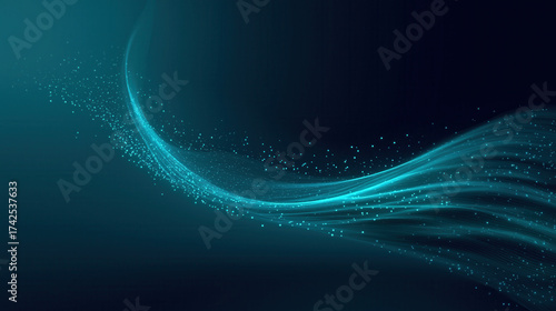 Teal and cyan luminous wave sweeping over deep blue gradient with trailing particles