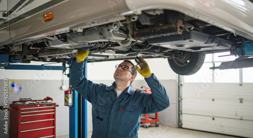 Mechanic inspecting under RV in garage during repair process  