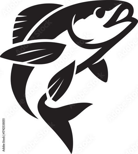 Jumping salmon fish silhouette black and white, Leaping fish vector for aquatic design