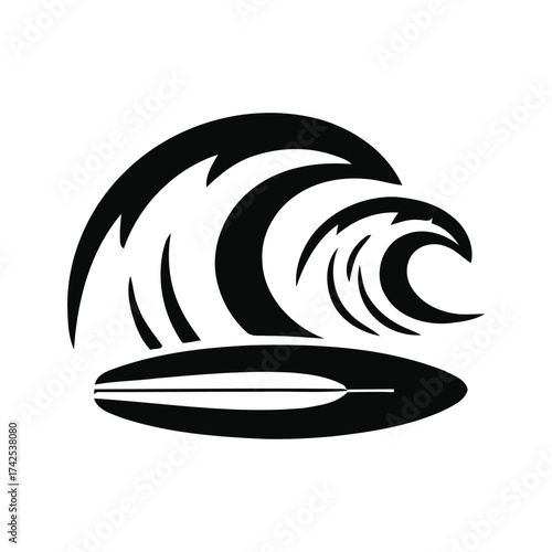 A black and white graphic of a surfboard under a stylized wave design on a white background vector