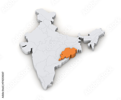 Odisha state 3d map in India isolated on transparent background. Three-dimensional India's state map. India map 3d Illustration.