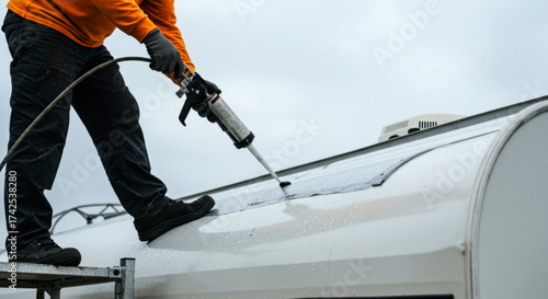 Man repairing roof of RV with caulking gun under cloudy sky  