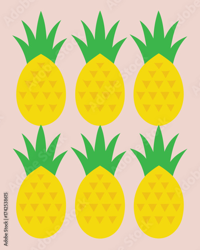 Vector art of a vibrant and cheerful pattern of six yellow pineapples with green tops arranged in two rows against a soft pink background, creating a tropical and summery feel