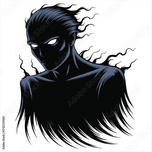 Eerie dark figure with glowing white eyes and wispy tendrils of shadow