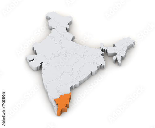 Tamil Nadu state 3d map in India isolated on transparent background. Three-dimensional India's state map. India map 3d Illustration.
