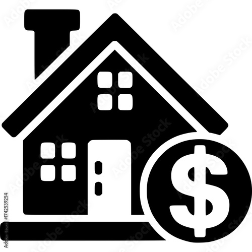 Home Finance Icon: A simple, yet effective visual representing the core concept of home finance, depicting a stylized house alongside a dollar sign, suggesting investment, real estate.