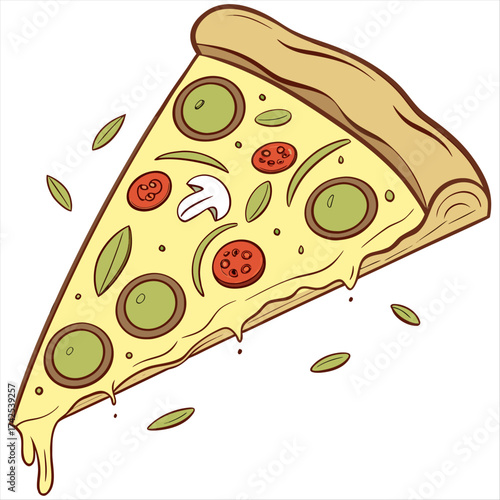 A cheesy pizza slice, generously topped with vibrant green olives, promising a delicious and satisfying meal against on  a white background.