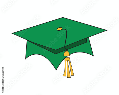 Illustration of a green graduation cap with a gold tassel isolated on white background, symbolizing academic achievement and success