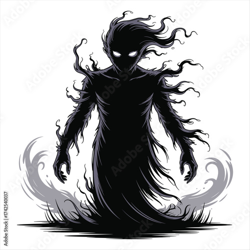 Mysterious shadow figure with glowing eyes emanating dark energy and smoke effects