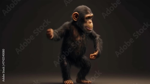 Chimpanzee performs lively dance animation showcasing expressive movements and playful energy in a dark, spotlighted setting with a focus on its agile form and playful demeanor