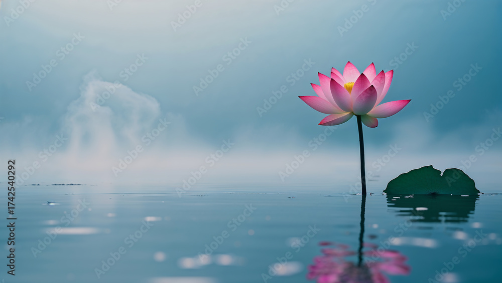 Fototapeta premium Pink lotus flower blooming in a serene lake at dawn