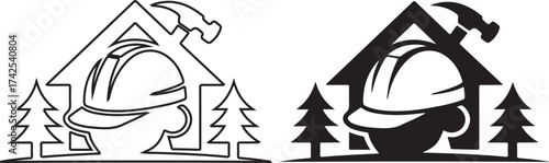 Rustic Home Builder Construction Logo with Hard Hat Hammer and Pine Trees