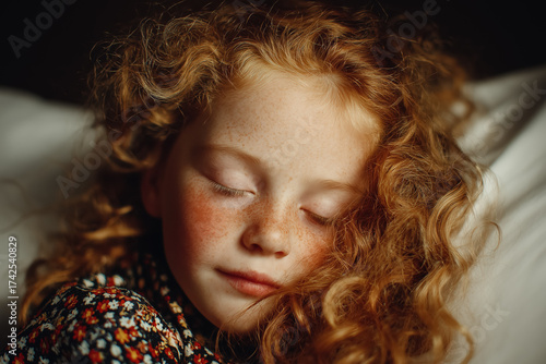 Peaceful sleeping red-haired child with freckles in soft light