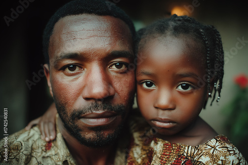 Portrait of african descent father and daughter with serious expressions outdoors