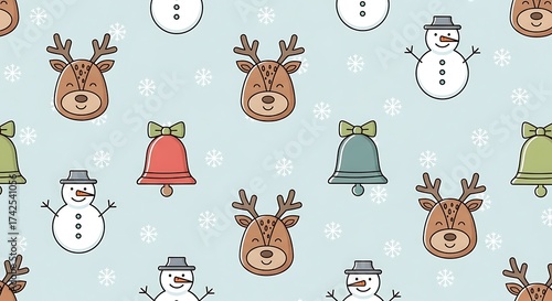 Illustration of cute christmas pattern with reindeer, snowman, and bells
