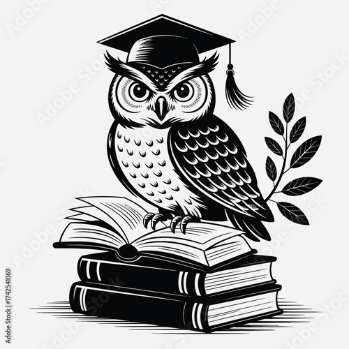 Wise owl graduation cap perched on stack of books vector illustration for educational concept vector