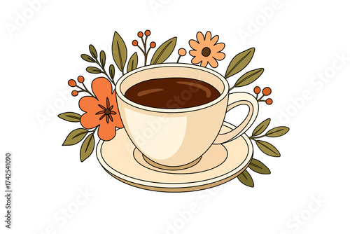 A flat-style illustration of a coffee cup with floral decor. Warm and cozy minimal design perfect for café menus, posters, invitations, or branding projects.