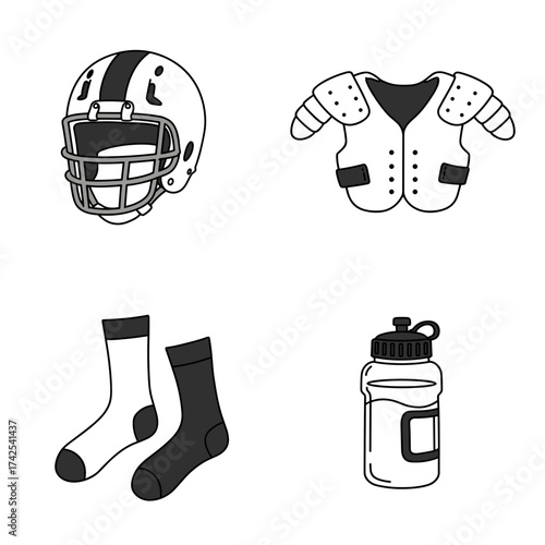 American football helmet, shoulder pads, socks, and water bottle  