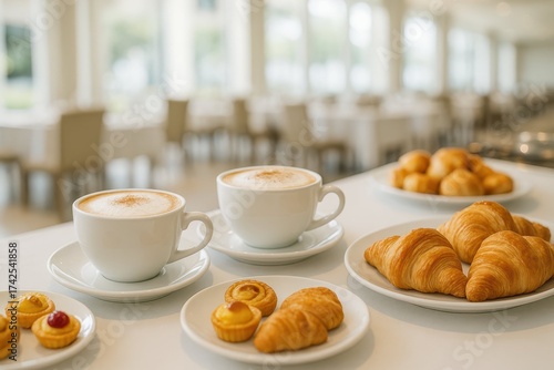 Breakfast Pastries And Coffee On Table. A selection of croissants, small pastries, and cups of cappuccino are arranged on a white tablecloth in a bright buffet setting.