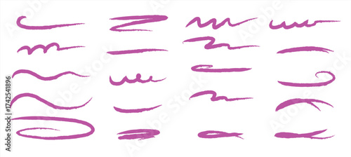 Pink marker underline set. Hand drawn crayon and brush stroke with curved highlight, swoosh detail, and textured sketch line. Vector illustration