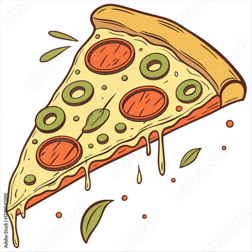 cheesy pizza slice, generously topped with vibrant green olives, promising a delicious and satisfying meal against on a white background.