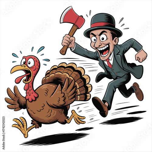 Scary man chasing terrified turkey with ax during thanksgiving dinner preparation concept