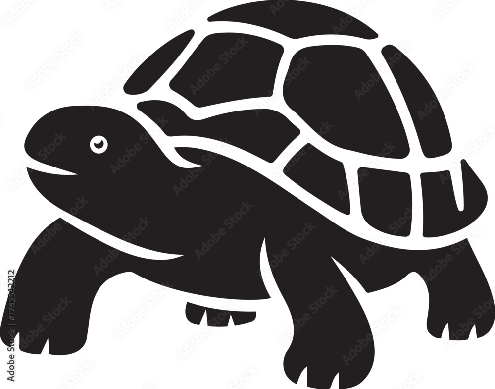 Fototapeta premium Walking tortoise turtle black and white silhouette, Slow animal vector design illustration