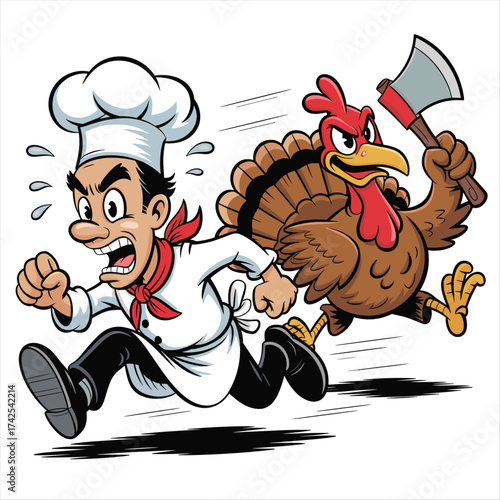 Frightened chef flees aggressive turkey armed with an axe in a humorous cartoon scene