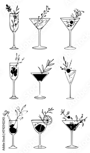 Illustration of different cocktails in glasses