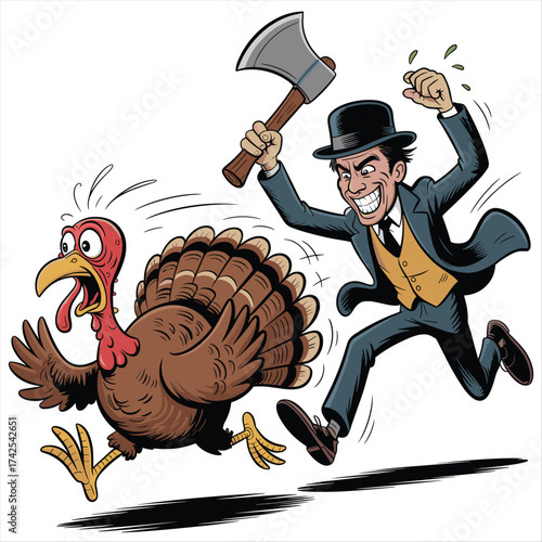Scared turkey flees man with ax festive thanksgiving holiday cartoon scene