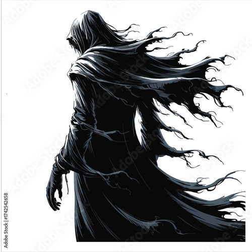 Mysterious grim reaper silhouette with flowing robes dark fantasy art