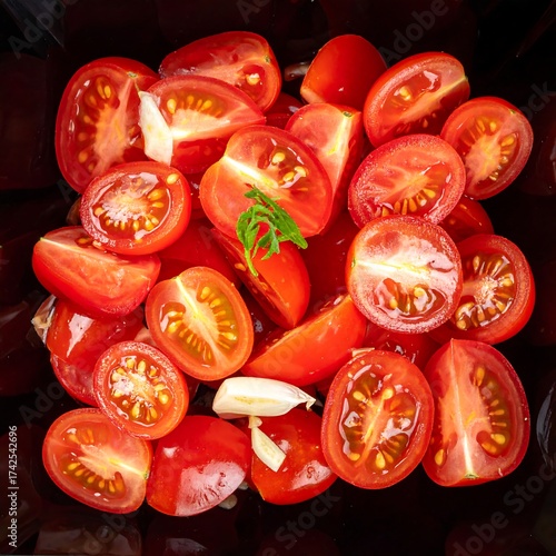 Freshly cut tomatoes and garlic cloves in a bowl