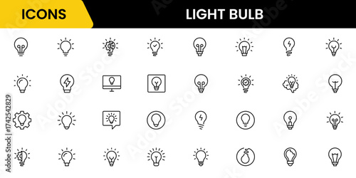 Light bulb idea line icons. Vector electric energy lamps and lightbulbs isolated outline symbols for creative solution, idea, innovation and inspiration concept.