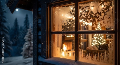 Illustration of frosted window looking into a cozy room with christmas tree